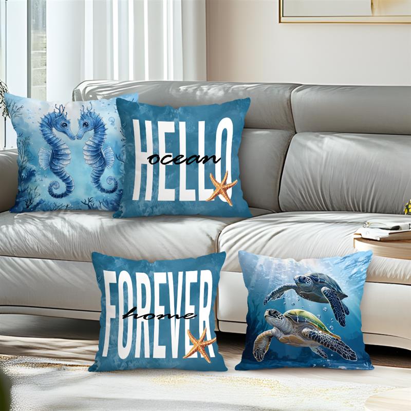 Seahorse And Turtle Sofa Cushion Cover Comfortable Pillow Office Cover Living Room Home Decor Modern Printed Pillowcase Blue