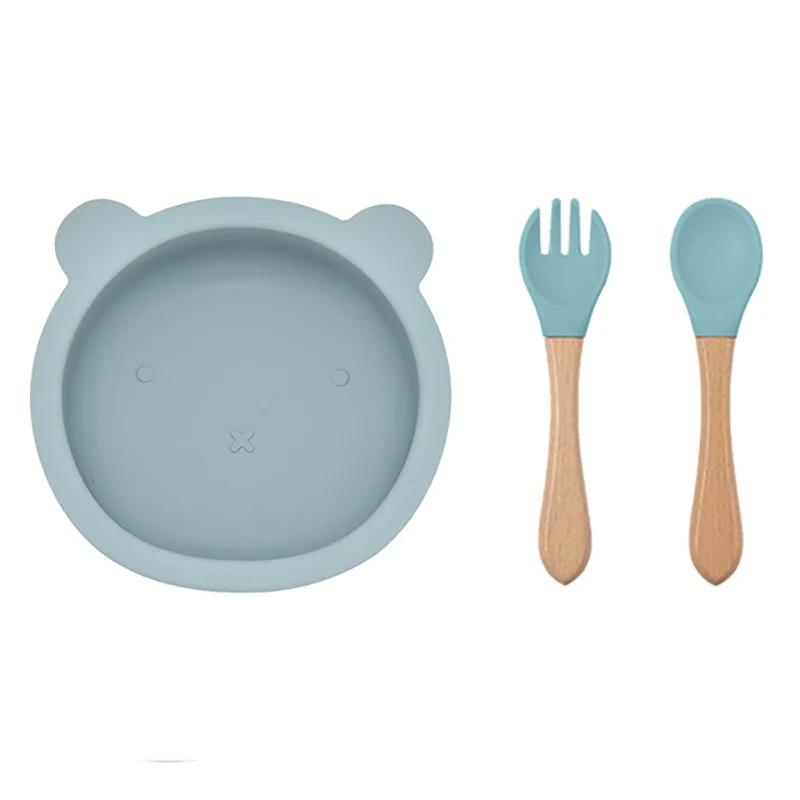 3Pcs/Set Baby Silicone Ventosa Tigela Colher Garfo Conjunto BPA Livre Cabo De Madeira Garfo Colher Alimentação Infantil Antiderrapante Conjunto De Talheres
