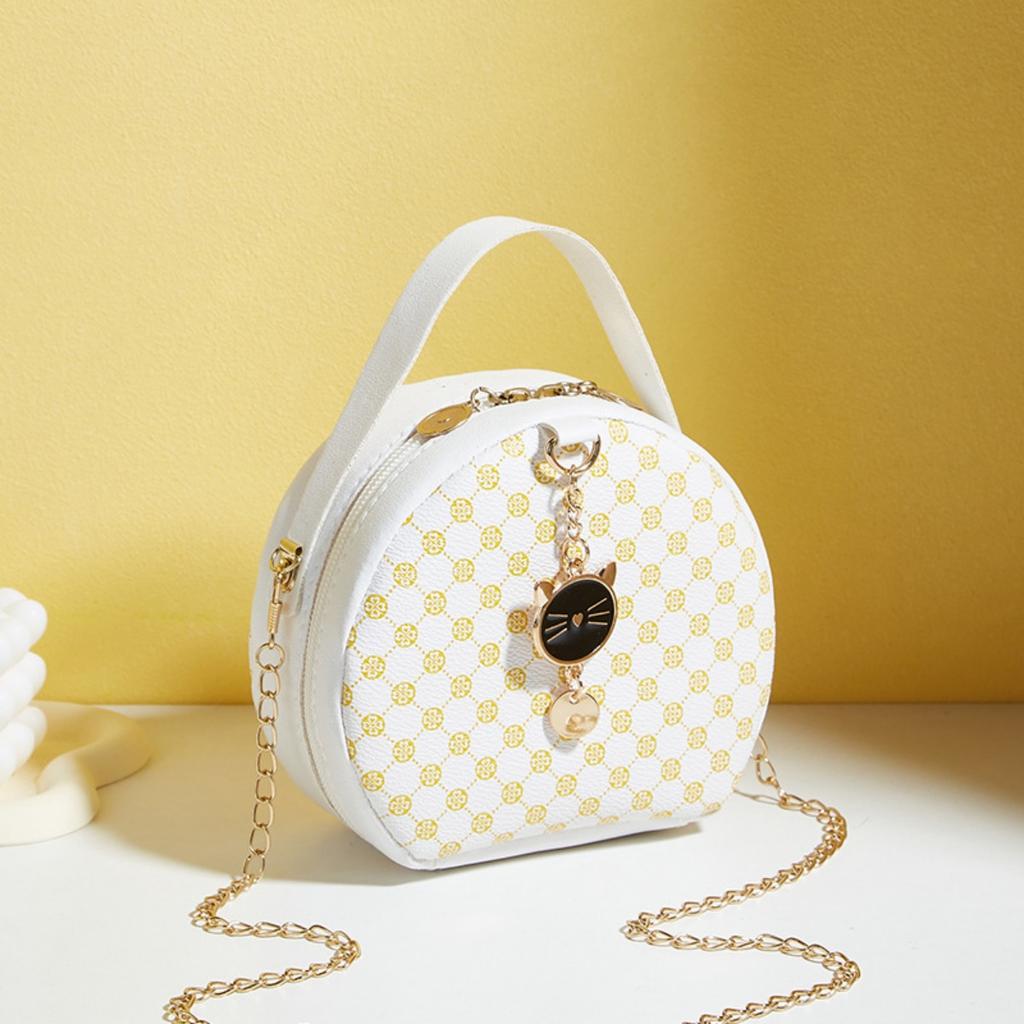 Ladies' Fashionable Black Round Shoulder Bag with Gold Accents and Decorations - A Compact Synthetic Leather Mobile Wallet Suitable for Daily Use