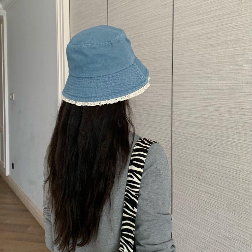 Y2K Lace Fisherman Hat Big Brimmed Panama Hat Sweet Denim Bucket Hat  Outdoor