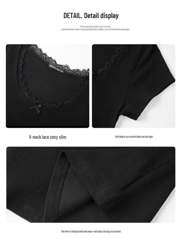 Women's Slimming Lace Trim Short Sleeve T-shirt - Korean Style Summer Base Layer