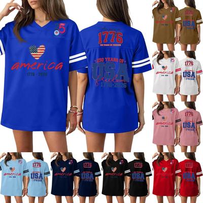Women's Casual Fashion V-Neck Sports Independence Day Print Short Sleeve Sports T-Shirt Top