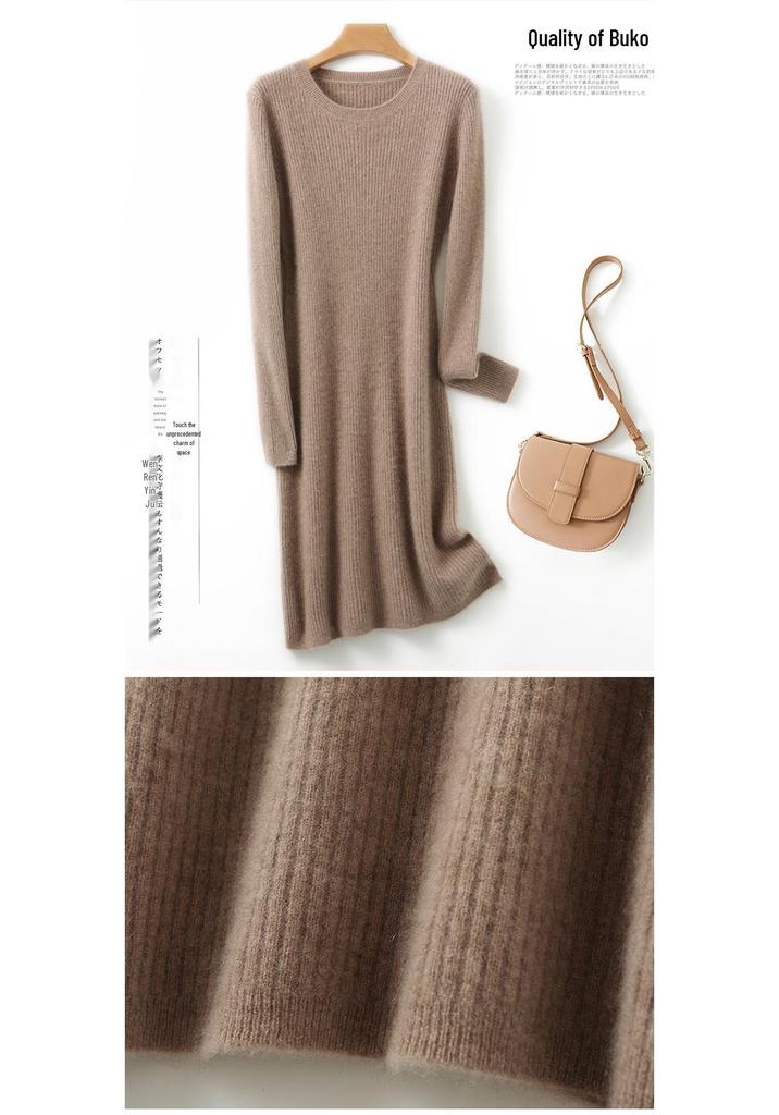 Women's Medium Slim Cashmere Wool Knee-Length Knit Dress - Round Neck, Autumn/Winter Base Layer
