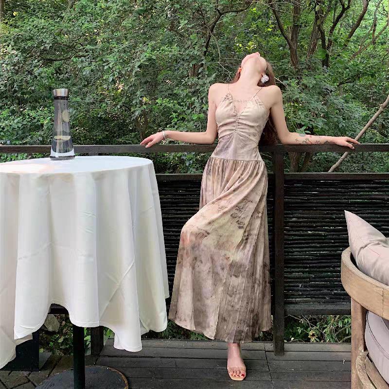 

Women s Retro French Spaghetti Strap Backless Midi Dress - Summer Waist-Cinched Tea Break Style 500 pieces minimum order