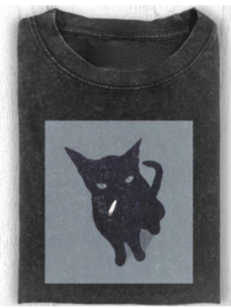 Vintage Washed T-Shirt - Black Retro Cat Smoking Graphic Tee with White Smoke & Tabby Cat Face, Unisex Adult Casual