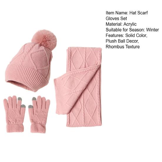 3Pcs/Set Women Winter Hat Scarf Gloves Set Plush Ball Decor Rhombus Texture Knitting Hat