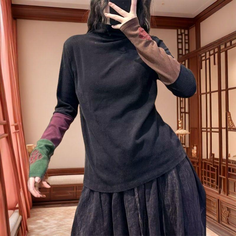 

Немецкий бархат Зима Новый Ретро Нишевый Половина Высокого Воротника Пэчворк Контрастная Вышивка Базовая Рубашка Все Сочетания Топ XXXL чёрный