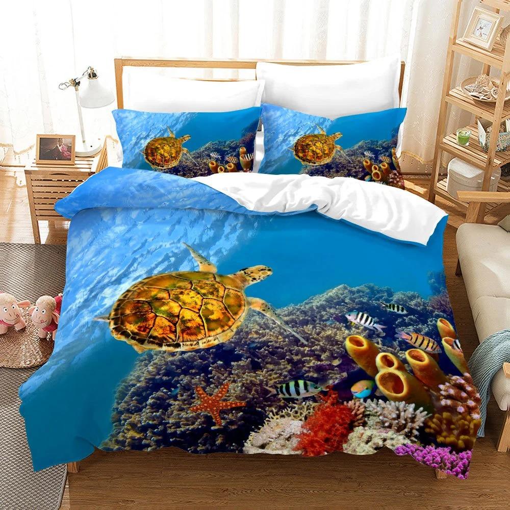 Dolphin Turtle Bedding Set 3D Print Quilt Cover 2/3 Pieces Bed Linen Sea Animals Scenery Comforter Set Kids Boys Duvet Cover Set