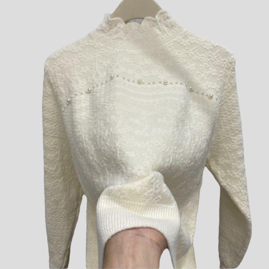 Women's Jacquard Knit Sweater Autumn Winter  Soft Warm Beads Slim-fit Pullover Knit Top Stretch Knit Sweater