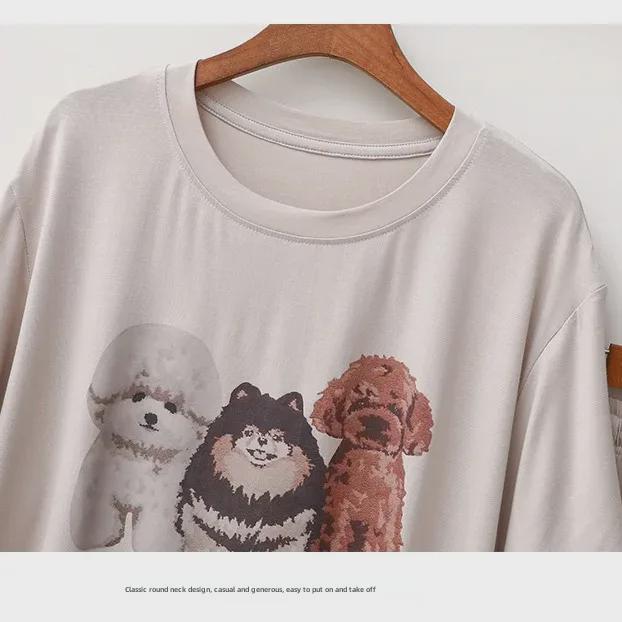 Pomeranian Cartoon Print Modal Pajama Set - Women's Summer Short-Sleeved, Lightweight, Loose Fit Shorts for Home