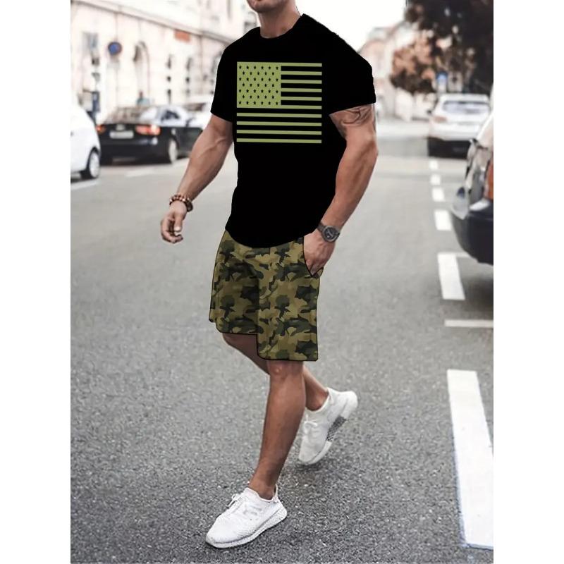 Summer Tracksuit 2 Piece Outfit Male 3D Color Block Print Short Sleeve T-Shirt Shorts Jogging Sets Outdoor Street Men's Clothing
