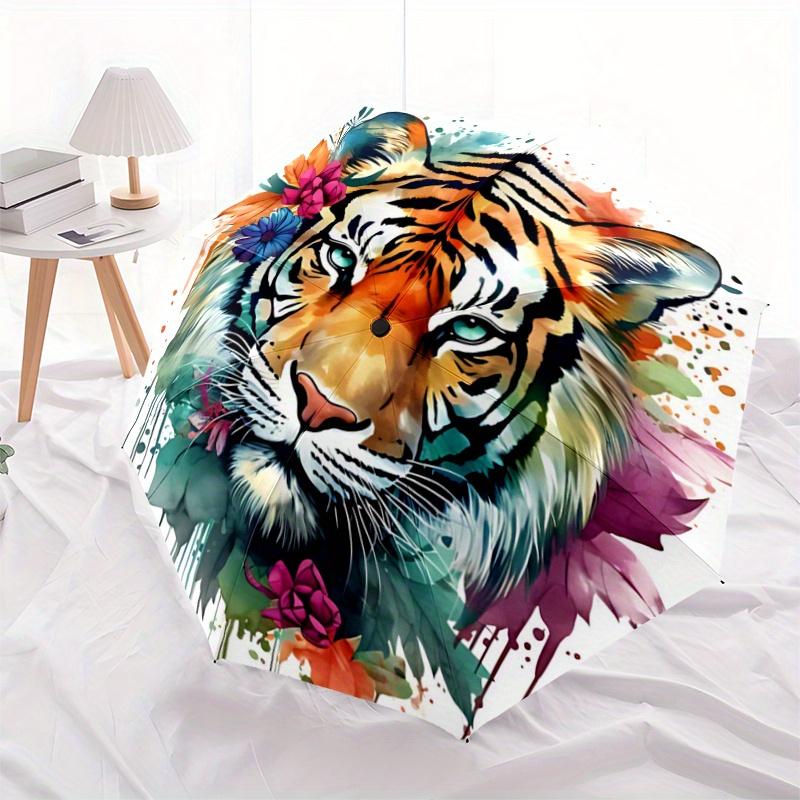 1pc Colorful Tiger Portrait with Floral Elements Durable Cartoon Folding Umbrella, Portable 3-Fold Compact Umbrella for Men and Women, Suitable f