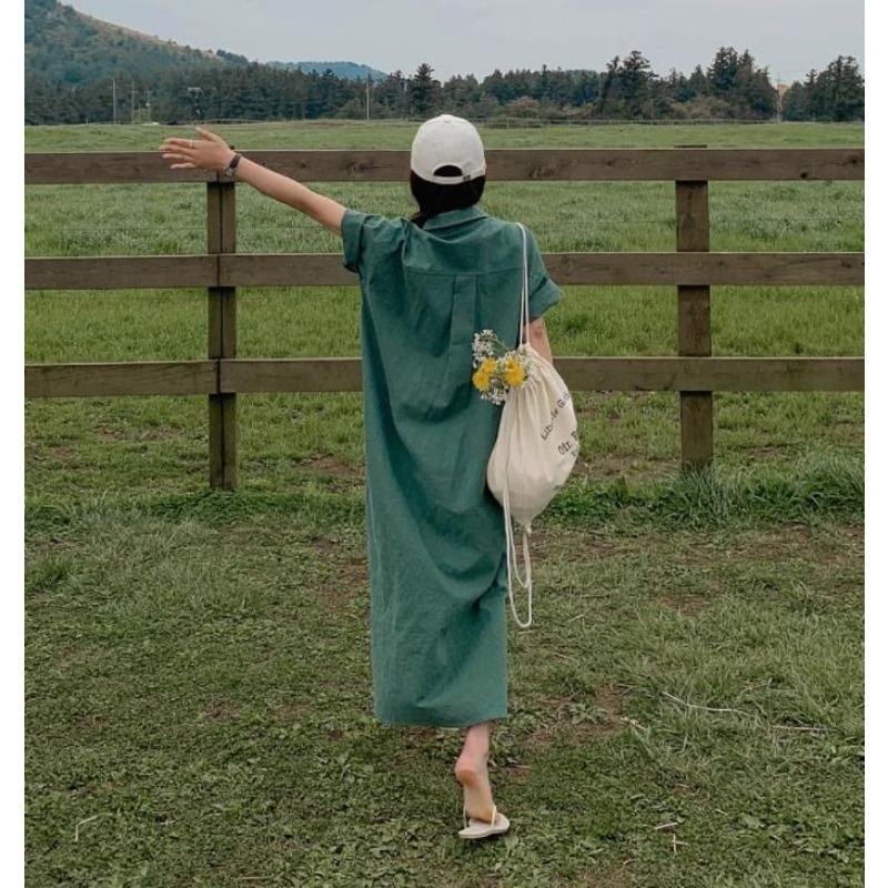 Shirtdress Women's Summer Simple Long Short Sleeve Dress Over The Knee