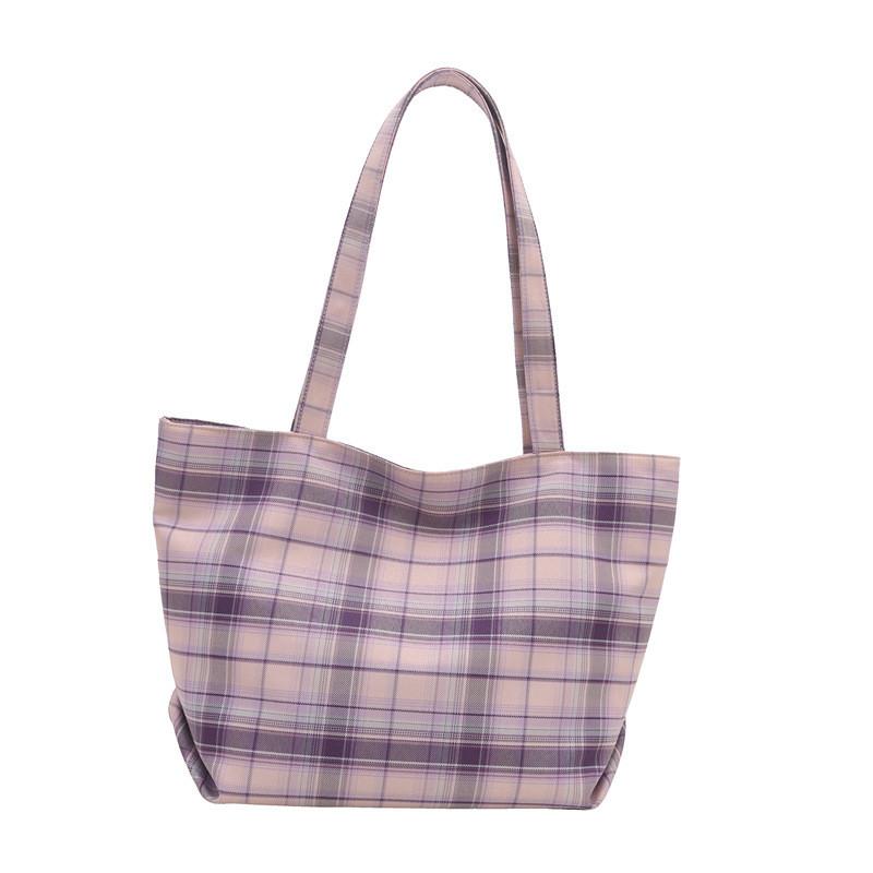 Stylish Colorblock Plaid Tote Bag For Women In Pink Blue And Purple For Everyday Use