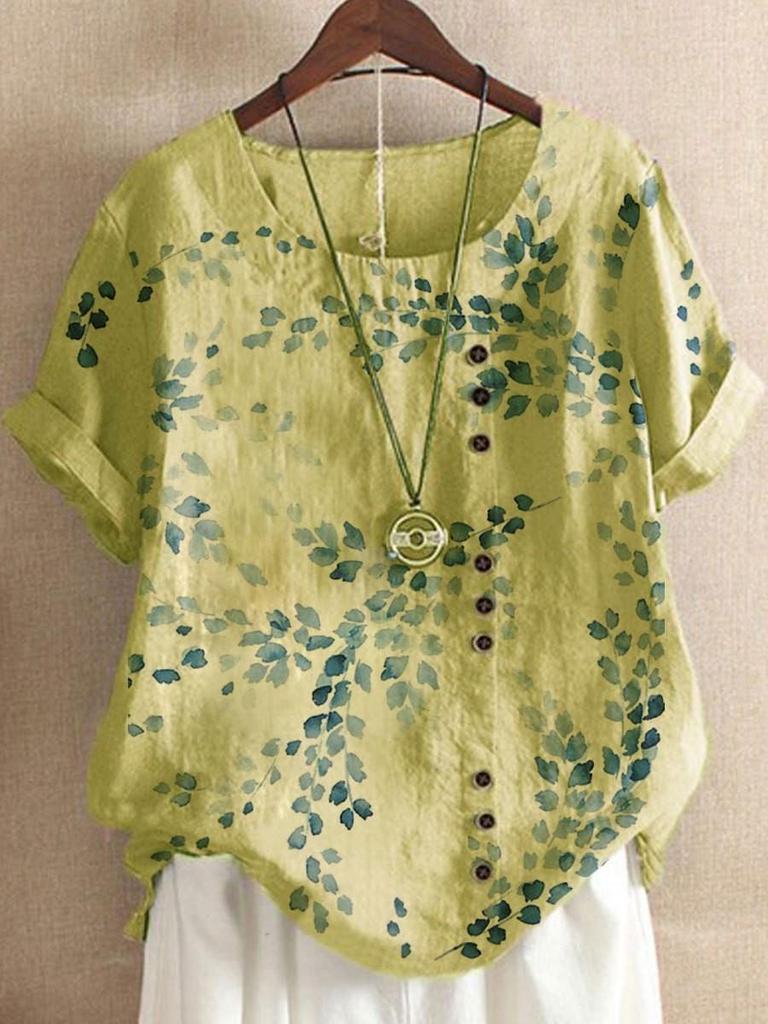 Plus Size Summer Female Cotton Linen Shirts Short Sleeve Vintage Floral Printed Long Loose Women's Blouses Casual Lady Tops