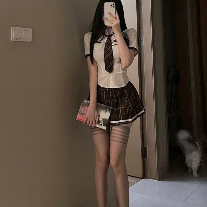 Womens Japanese Style JK Uniform Set Short Sleeve Shirt Plaid Skirt High Waist Casual Outfit