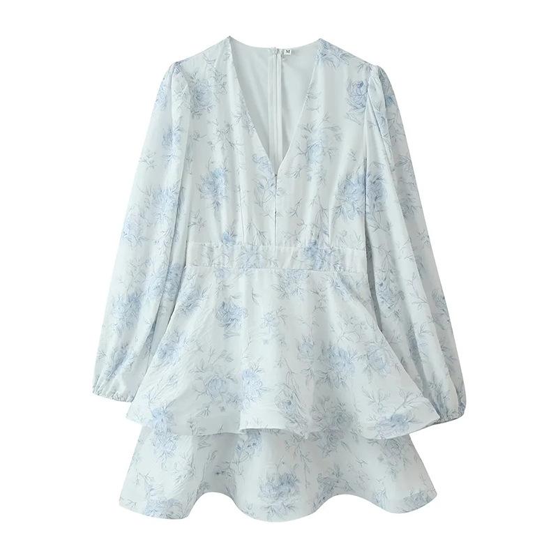 Gentle style date slimming French elegant ruffled mini skirt summer new women's bubble long-sleeve dress