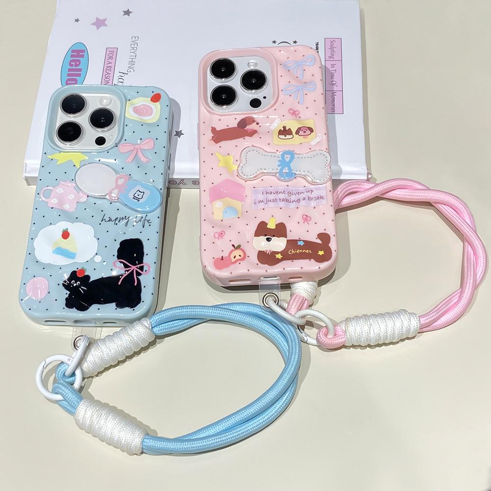 Japanese and Korean Puppies and Cats Are Suitable for Apple 15 Mobile Phone Case iPhone16promax with Lanyard 14pro Cute 13.