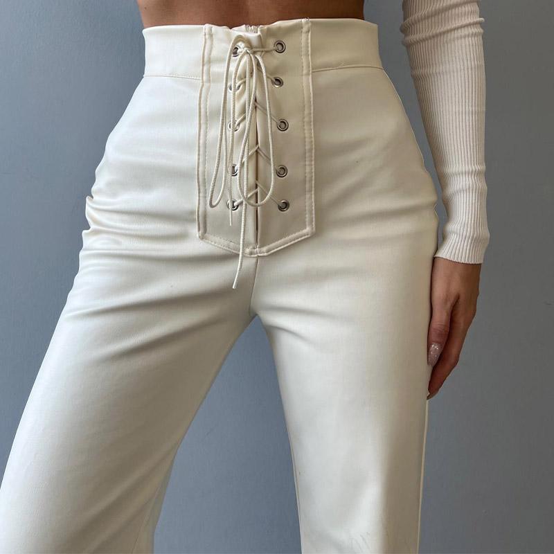 Pantaloni a zampa d'elefante in pelle con fasciatura sexy alla moda da donna, a vita alta, con cerniera, pantaloni autunnali femminili