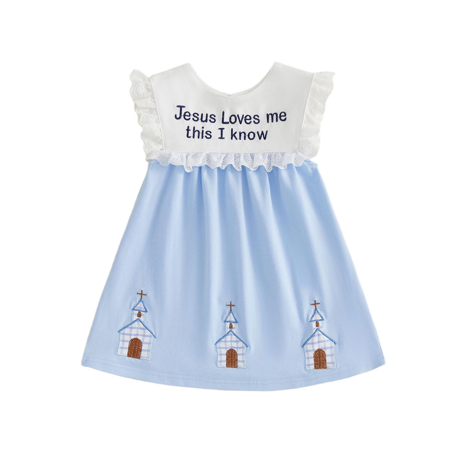 

Little Girls Easter Dress Fashionable Letter Church Embroidery Sleeveless Round Neck Summer Dress for Casual Daily Wear 12-18M синий