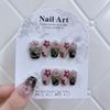 Jia Chun Handmade Nail Art: Black-Brown Gradient Base, Red Stamen Flower, Short Ladder Design False Nails