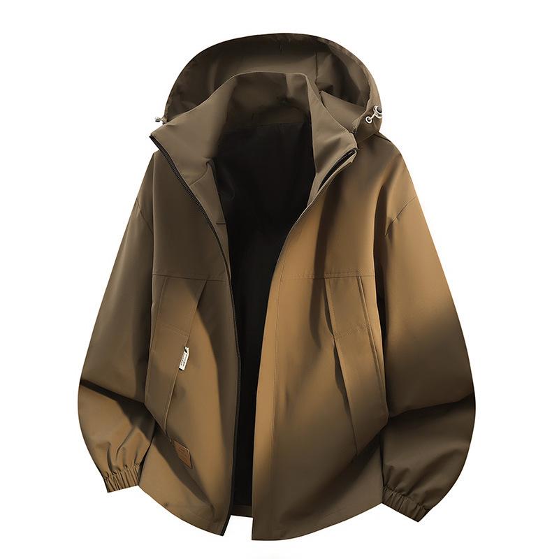 Men's Casual Hooded Windproof Jacket - Loose Fit, Elastic Drawstring, Solid Color, Large Size Trendy Top
