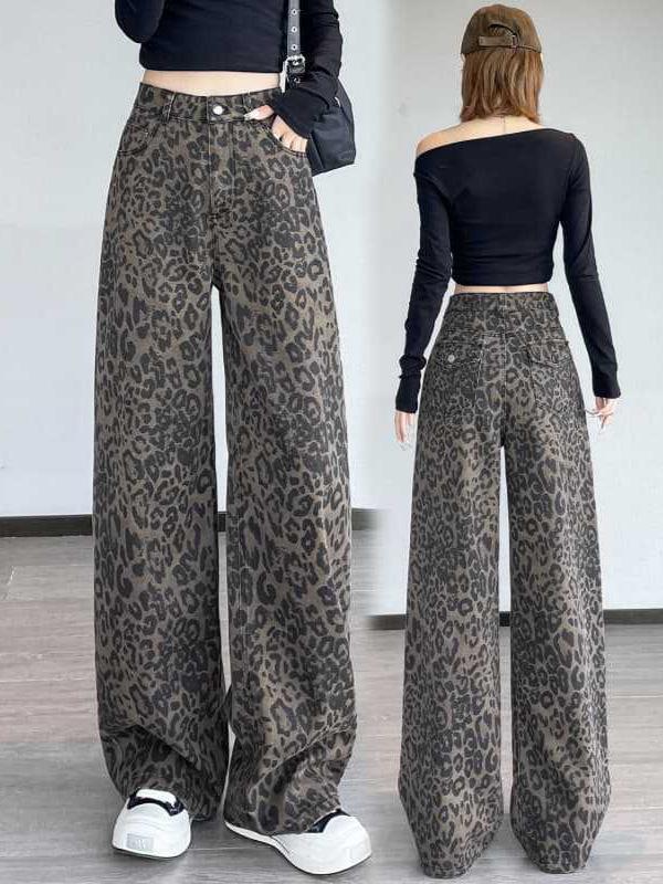 Women's Retro Leopard Print Wide-Leg Jeans - Petite Autumn/Winter Loose Fit