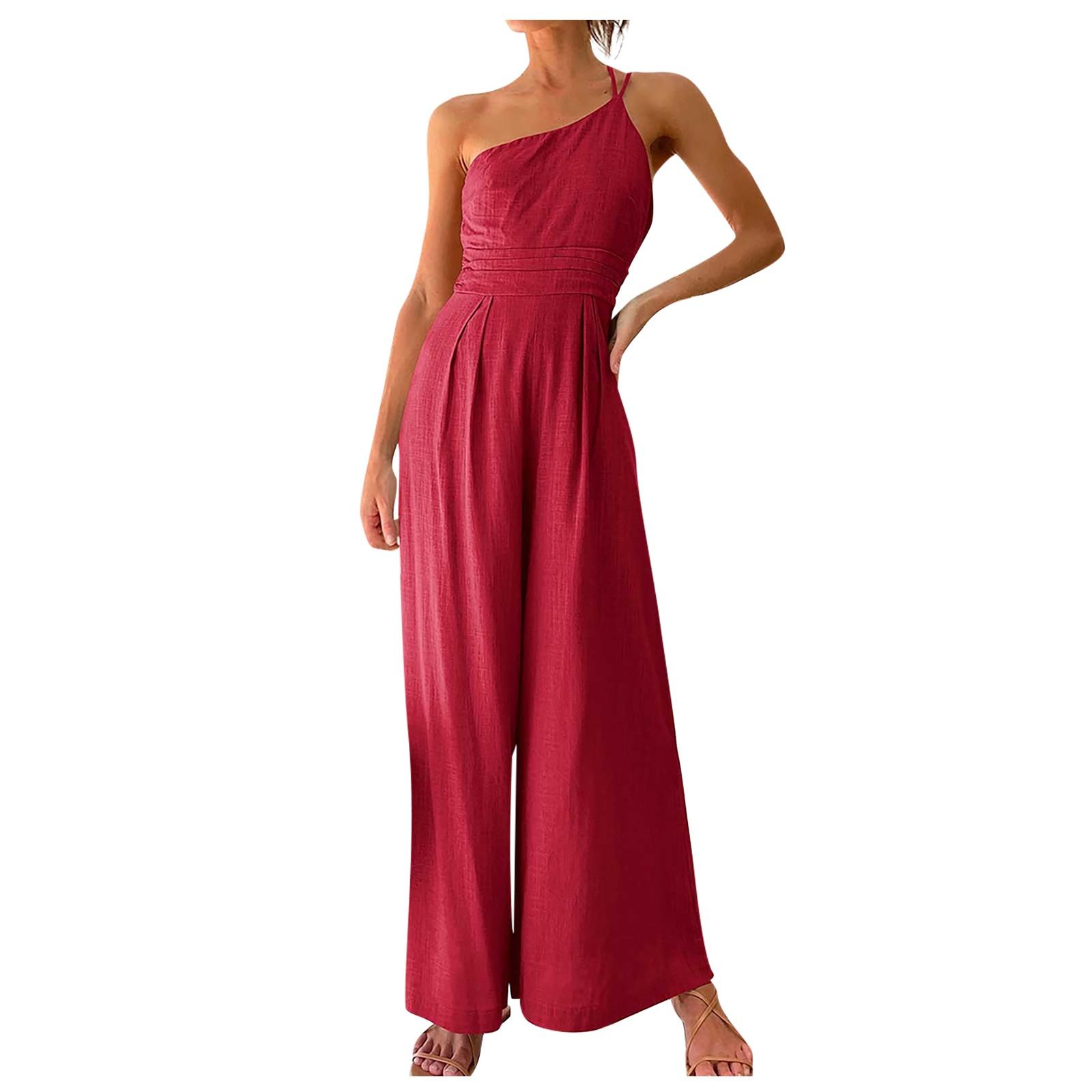 

Women s Summer Strap One Shoulder Pleated High Waist Casual Wide Leg Jumpsuit S червоний