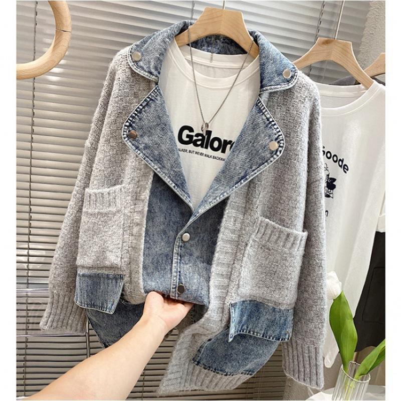 Autumn Winter Women Splicing Denim Jacket Women Long Sleeve Jean Jackets Female Loose Sweater Cardigan Jacket