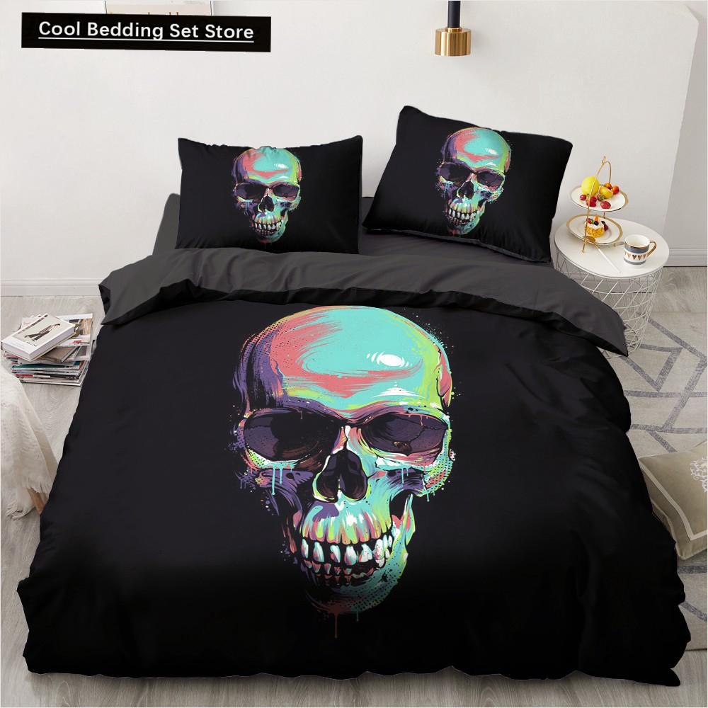 Skull Couple King Queen Duvet Cover Skeleton Bride Bedding Set for Kids Teens Adults Halloween White 2/3pcs Soft Quilt Cover