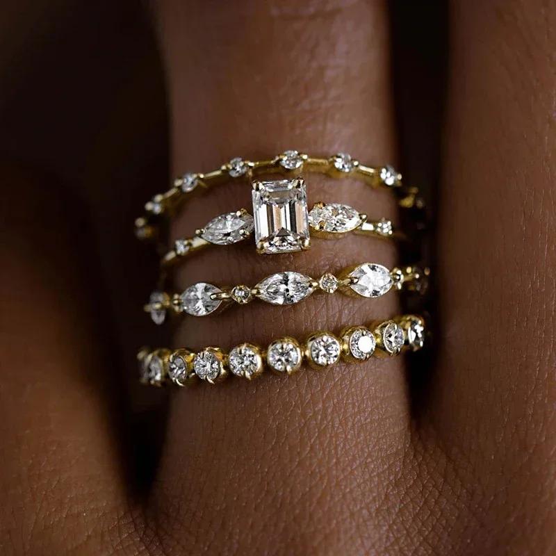 Huitan Fashionable 4Pcs Cubic Zirconia Set Rings for Women Luxury Gold Color/Copper Color Wedding Trendy Zircon Drop Shipping
