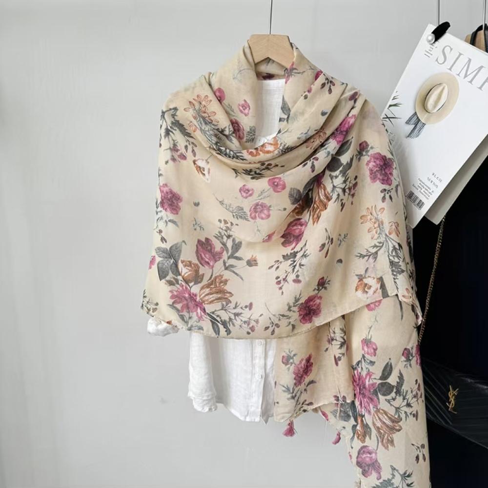 Spring and Autumn Long Shawl Artistic Flower Print Hanging Tassel Fashionable Scarf Women's Travel Sunscreen Decoration Exterior