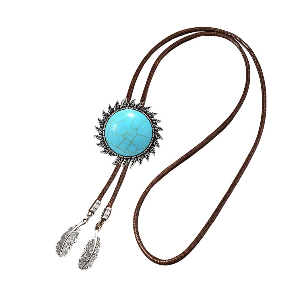 Men's Rodeos Western Leather Cord Bolo Tie Antique Floral Stone Jewelry Cowboy Necktie Necklace with Feathered Pendant