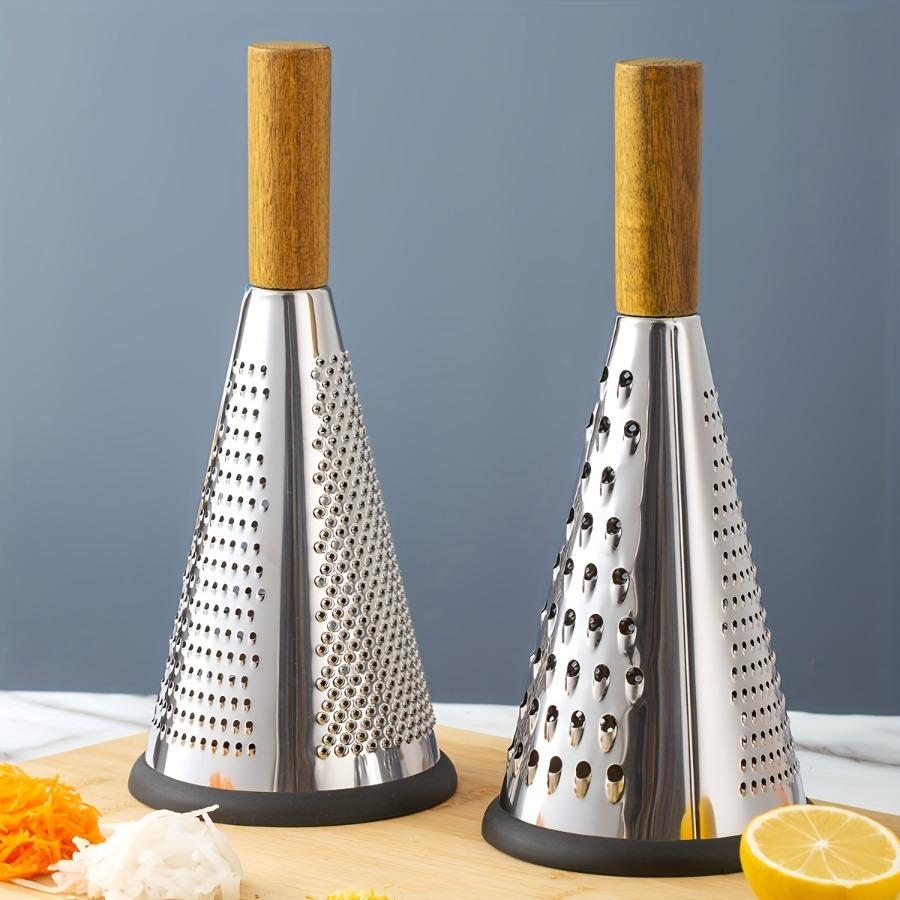 SHAON Stainless Steel Conical 3-Sided Vegetable Grater, Cheese Shredder with Wooden Handle, Multifunctional Kitchen Melons and Fruits, Vertical