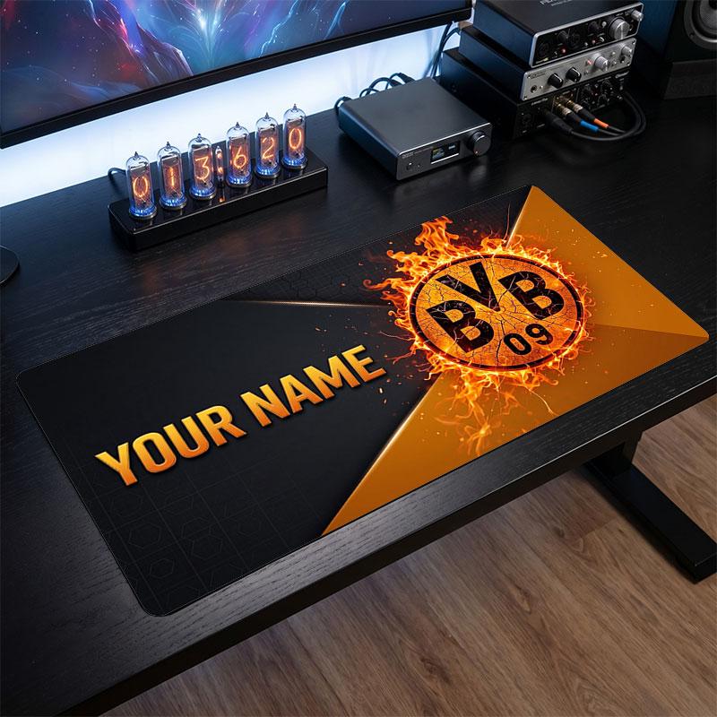 Borussia Dortmund Benutzerdefiniertes Großes Mauspade, Personalisierter Name Textdruck, Fußball Logo Rutschfeste Schreibtischmatte Gaming Geschenk