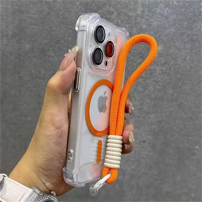 For Magsafe Magnetic Transparent Phone Case for iPhone 16 15 13 Pro Max 12 14 Plus Wrist Strap Camera Protector Shockproof Cover