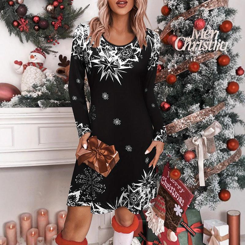 

Women Christmas Long Sleeve Snowflake Print A-Line Swing Dress, Casual Crew Neck Holiday Mini Dress for Winter Party & Daily Wear XXL чорний