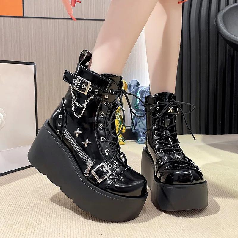 Fashion 9CM Women's High Platform Motorcycles Boots Winter Heels Puck Style Ankle Boots Female Chunky Sneakers Autumn Spring Shoes Woman