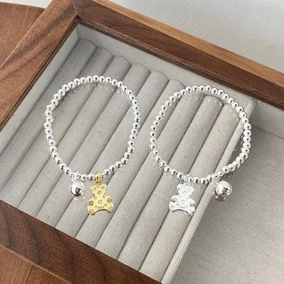 Mid-Ancient Retro Presbyopic Printed Bear Bracelet for Women S925 Sterling Silver Cute Girl Elastic String Bracelet