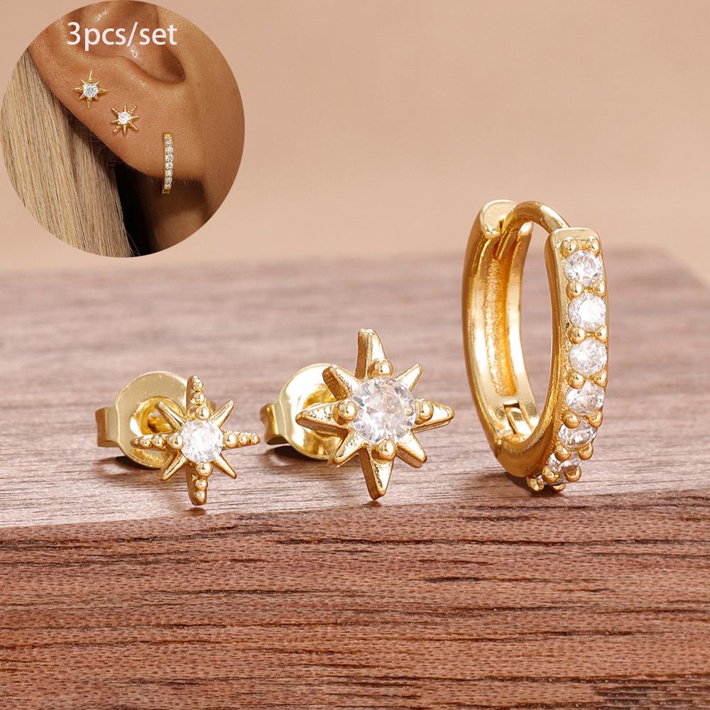 3PCS Stainless Steel Twinkle Star Ear Piercing Ear Stud Round Earrings For Women Zircon Tragus Helix Cartilage Piercing Jewelry