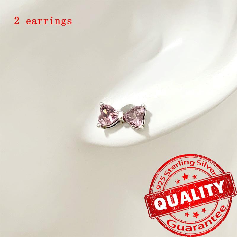 New Copper Sparkling Pink Bow Stud Earrings & Pavé Dangle Hoop Earrings For Girl Sweet Romantic Jewelry Gift