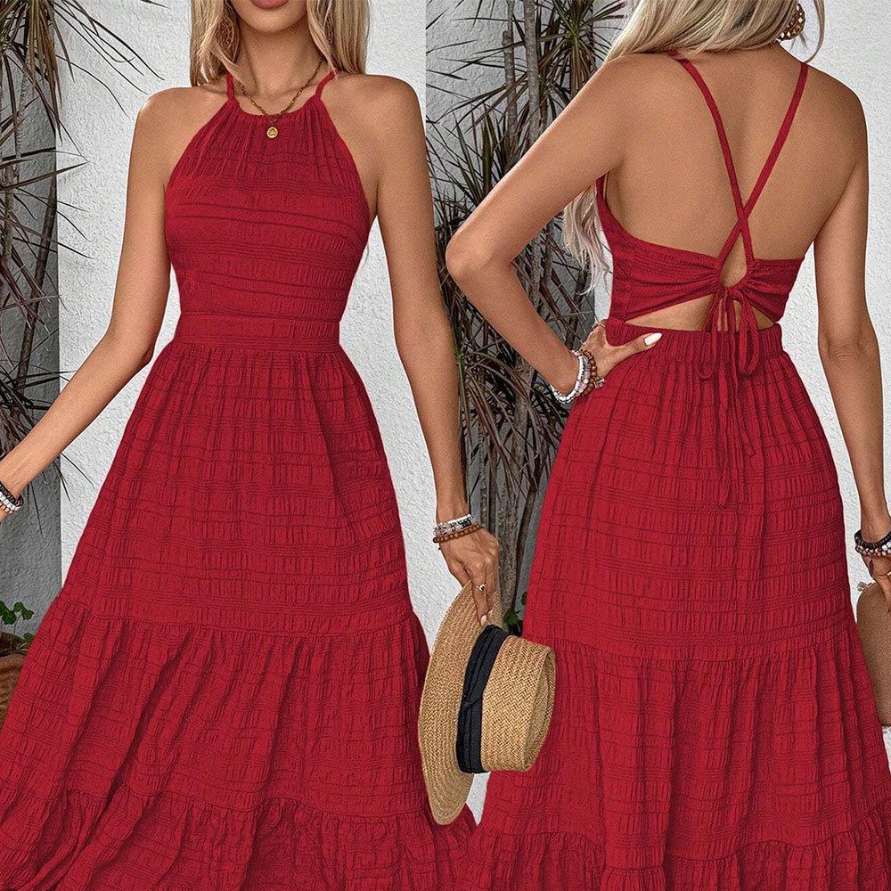 Retro Red Halter Neck Backless Long Dress - Women's Summer High Waist 2025 Collection
