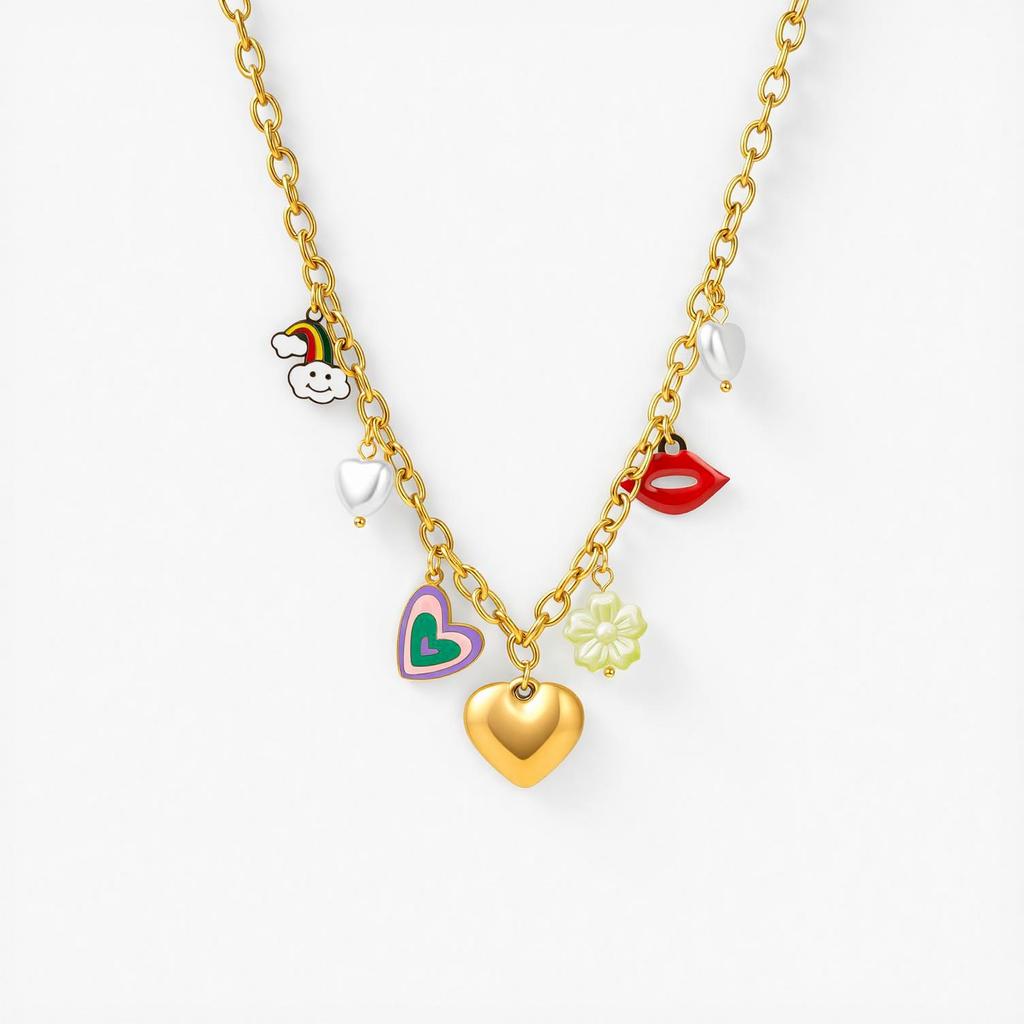 18K Gold Plated Stainless Steel Heart, Lips, and Flower Pendant Necklace for Women