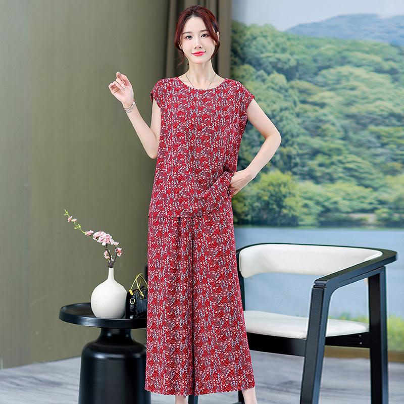 Seturi de pantaloni de vară marimi mari pentru femei, elegante, largi, cu imprimeu vintage, 2 piese