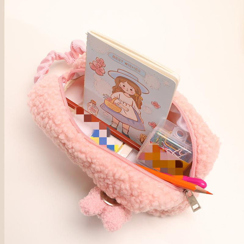 Candy Color Cartoon Cute Lambswool Pencil Bag Stationery Storage Bag Students Large Capscity Pencil Case Makeup Organizer