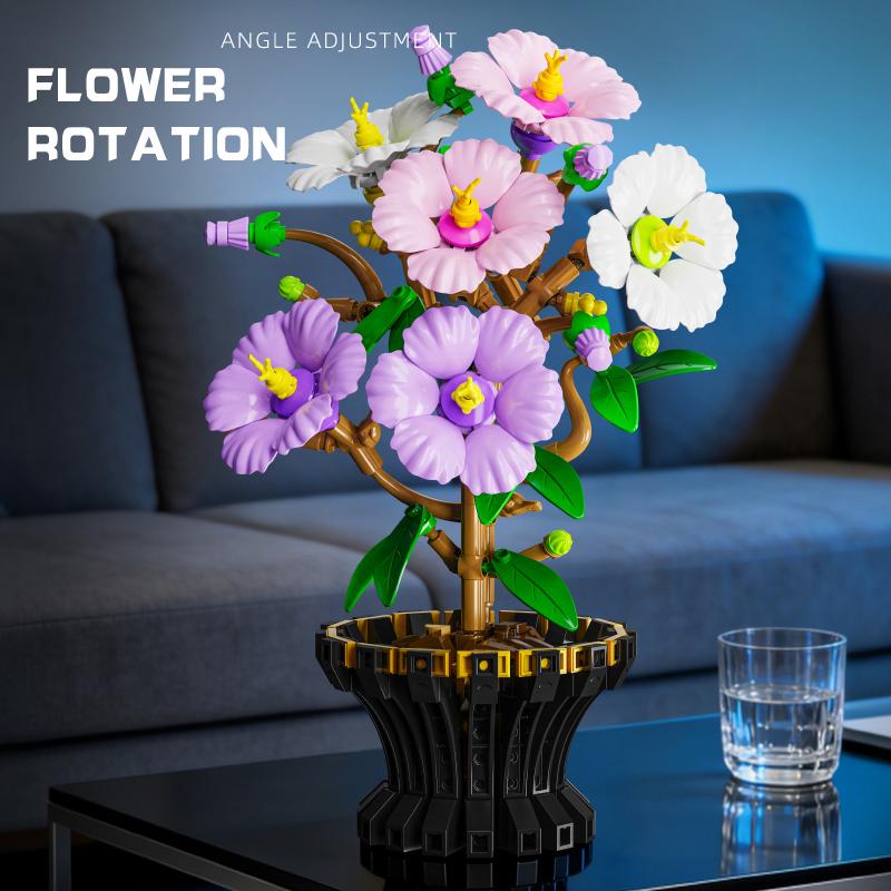 503Pcs Bonsai Hibiscus Tree Home Decor Creative Ornament Building Blocks Flower Set Educational Assembly Toy Birthday Gift