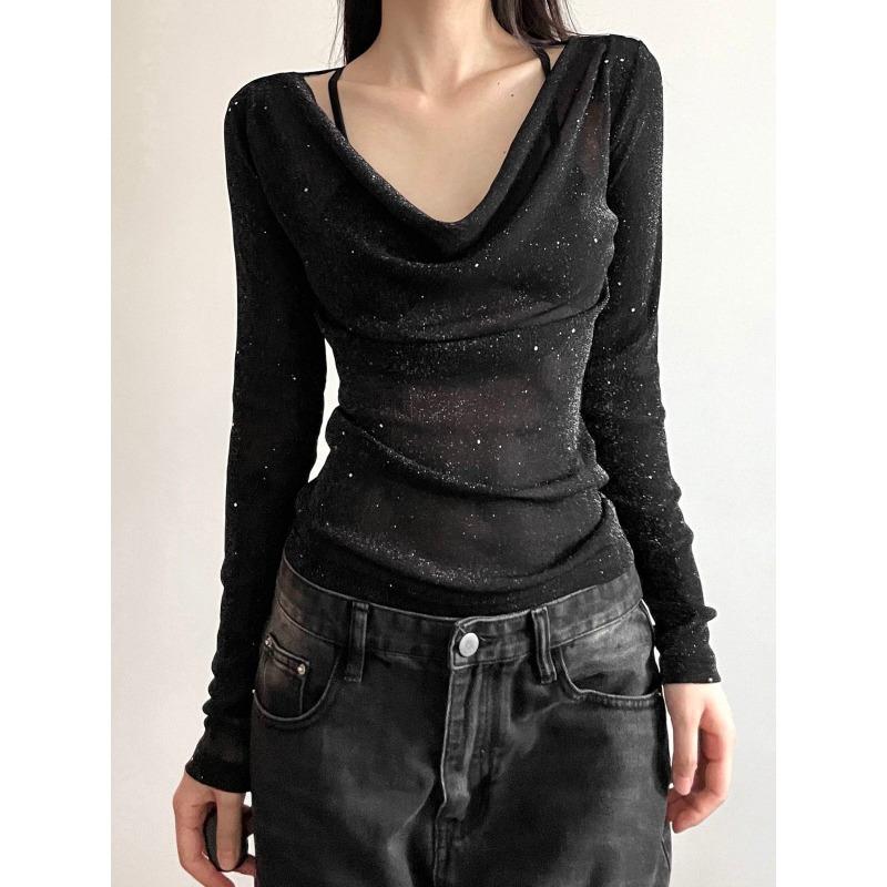 Chic Sequin V Swing Neck Long Sleeve T-shirt Women's Design Sense of Fashion Micro Transparent Slimming Spice Girl Top Trend