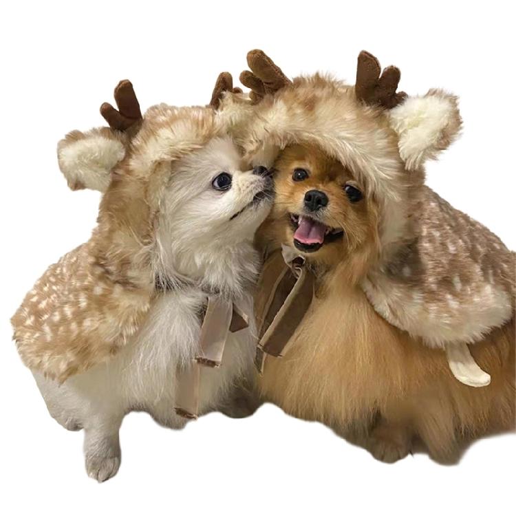 Dog Cloak Dress Up Costume Photo Props Pet Cap Soft Horn Reindeer Cloak