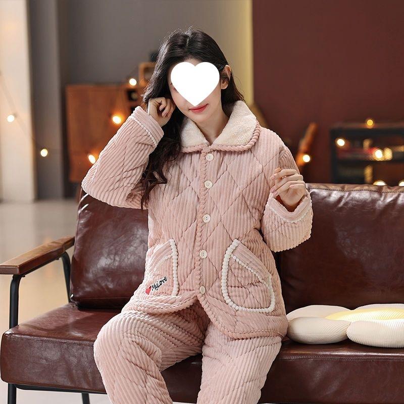 Dámské pyžamo třívrstvé zesílené a roztomilé zimní lze nosit velká velikost teplé polstrované domácí oblečení