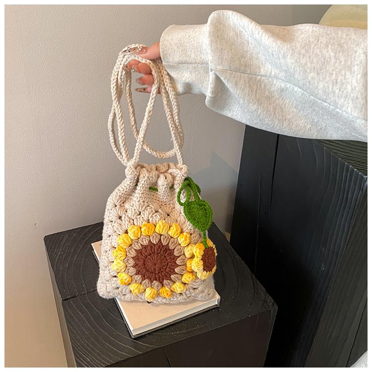 Handmade Crochet Sunflower Phone Crossbody Bag For Women, Cute Knitted Lightweight Cell Phone Purse Drawstring Pouch For Daily Commute